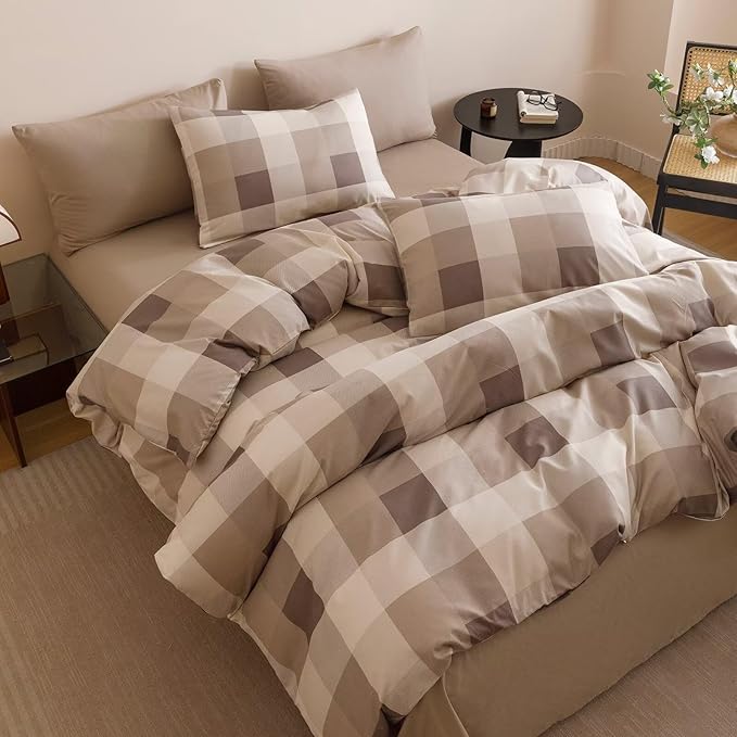 Cottonight Checkered Khaki Comforter Set Queen Men Gingham Grid Bedding Set Khaki and Cream Coffee Grid Comforter Fluffy Soft Blanket Quilts Modern Cottagecore Comforter for Queen Bed