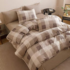 Cottonight Checkered Khaki Comforter Set King Men Gingham Grid Bedding Set Khaki and Cream Coffee Grid Comforter Fluffy Soft Blanket Quilts Modern Cottagecore Comforter for King Bed