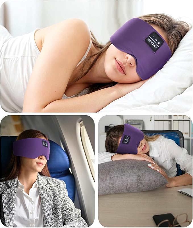 Sleep Mask with Bluetooth Headphones, Blackout Sleep Headphones for Side Sleepers, Ultra-Thin Bluetooth 5.4 Stereo Speaker Eye Mask for Travel, Meditation, Cool Gadgets (Purple)