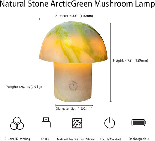Arctic Green Gemstone Mushroom Lamp - Natural Luxury Stone Night Light with LED, Touch Control 3 Brightness, USB Rechargeable Bedside Decor Gift
