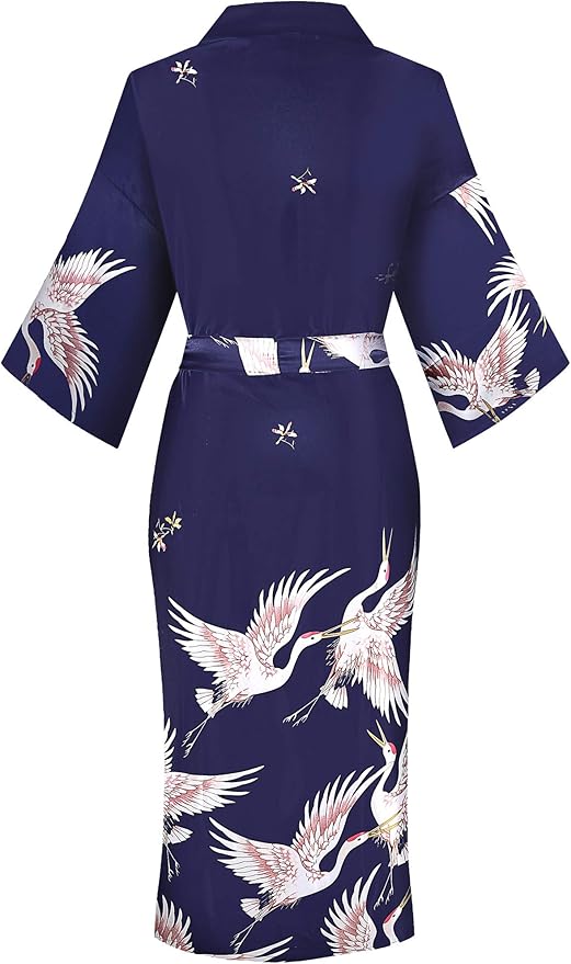 Valennia Women Long Silky Bathrobe Satin Kimono Robe Floral Printed Dressing Gown Sleepwear
