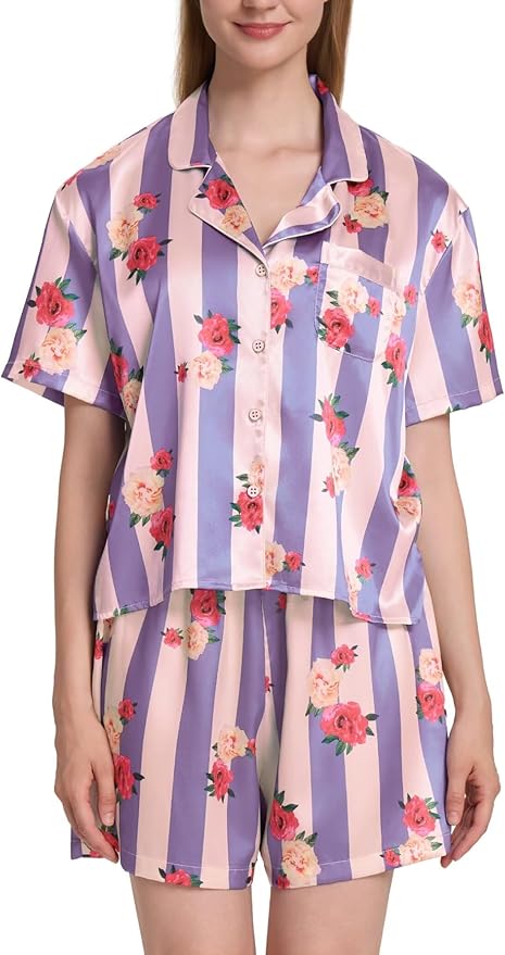 Womens Silk Pajama Sets Floral Print Short Sleeve Satin Pjs Comfy Button Down 2 Piece Sleepwear Loungewear