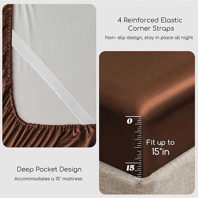 MR&HM Satin Bed Sheets, King Size Sheets Set, 4 Pcs Silky Bedding Set with 15 Inches Deep Pocket for Mattress (King, Brown)