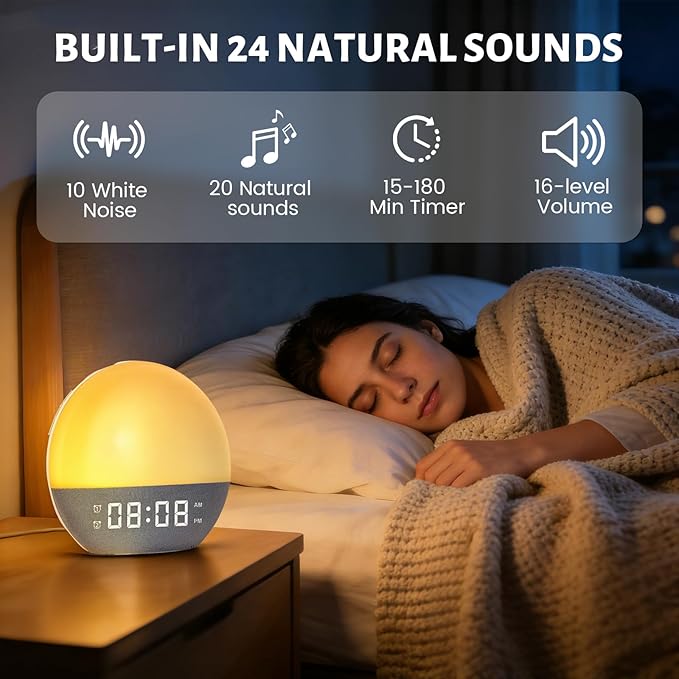 Sunrise Alarm Clock, White Noise Sound Machine USB Charging, Sunrise Lamp for Bedrooms, 10 Natural Wake Up RGB Night Light, 20 Soothing Sounds for Heavy Sleepers, Baby, Kids, Adults