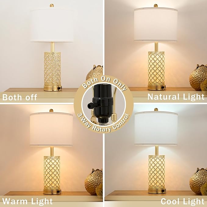 SAIWEYA Crystal Table Lamps Modern 3-Way Dimmable Bedside Lamp with 2 USB Ports & AC Outlets for Living Room Bedroom Nightstand Lamp Night Light (Gold- 1 Pack 24In)