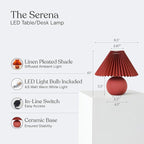 Brightech Serena LED Table Lamp - Small 10" Modern Ceramic Lamp with Pleated Shade for Bedside, Nightstand, Desk - Mini Night Light with Cozy Soft White Light for Living Room, Bedroom - Maroon Red