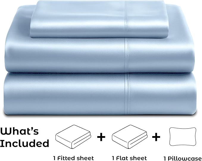 Pure Bedding Satin Sheets Twin Hotel Luxury Silky Bed Sheets - Extra Soft 1800 Microfiber Sheet Set, Wrinkle, Fade, Stain Resistant - Deep Pocket Fitted Flat Sheet, Pillow Cases (3-Piece, Baby Blue)