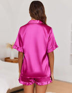 Ekouaer Satin Pajama Set for Women Button Down Silk 2 Piece Pj Sets Ruffle Short Sleeve Sleepwear