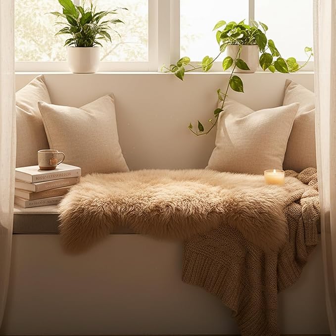 OGLAND Genuine Fluffy Sheepskin Rug, Shaggy Wool Fur Lambskin Throw Pad for Bedroom Living Room Carpet Sofa Cover Chair Side of The Bed Couch Bench Dog Pray Cushion Mat