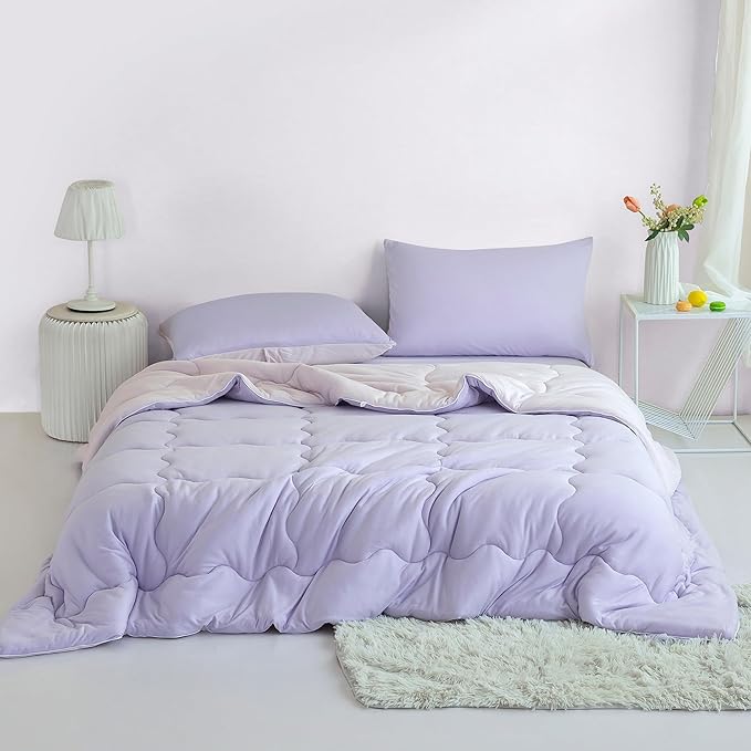 COTTEBED Reversible Ultra-Soft Purple and Light Pink King Size Bed Comforter Set, Jersey Knit T-Shirt Feel Cute Comy Bedding Down Blanket Quilt & Pillowcase Lightweight All Season California Cal King