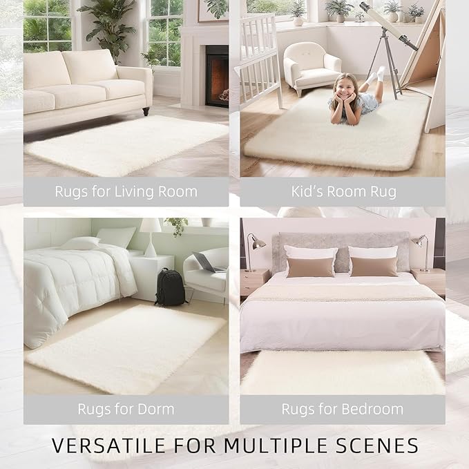 Shag Cream Rug Small 3x5 Area Rugs for Bedroom Bedside Dorm Living Room, Non-Slip Ultra Soft Fluffy Rugs for Kids Room, Girls Room, Study, Office, Playroom, Easy to Clean, Small Carpet Décor