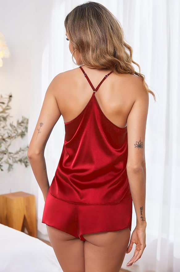 Ekouaer Silk Pajamas Set for Women Satin Lingerie Pjs Cami Top and Shorts Soft 2 Piece Nightwear