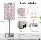 GyroVu Pink Crystal Table Lamp, Touch Control Bedside Lamps with USB-C+A Charging Ports, Dimmable Nightstand Small Desk Lamp Set of 2 for Girl Bedroom, Living Room, Office(Buld Included)