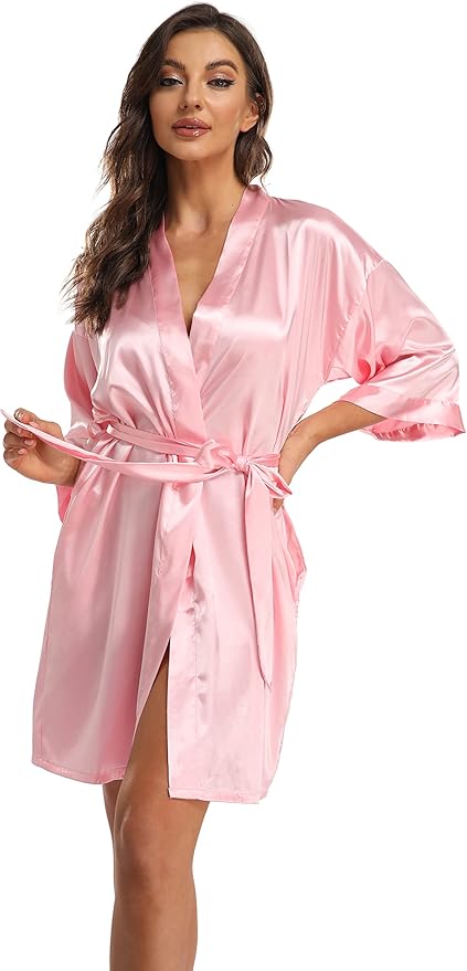 Women's Pure Short Kimono Robes Bride Bridesmaids Silky Bathrobe Lightweight Satin Sleepwear