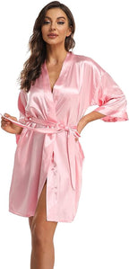 Women's Pure Short Kimono Robes Bride Bridesmaids Silky Bathrobe Lightweight Satin Sleepwear