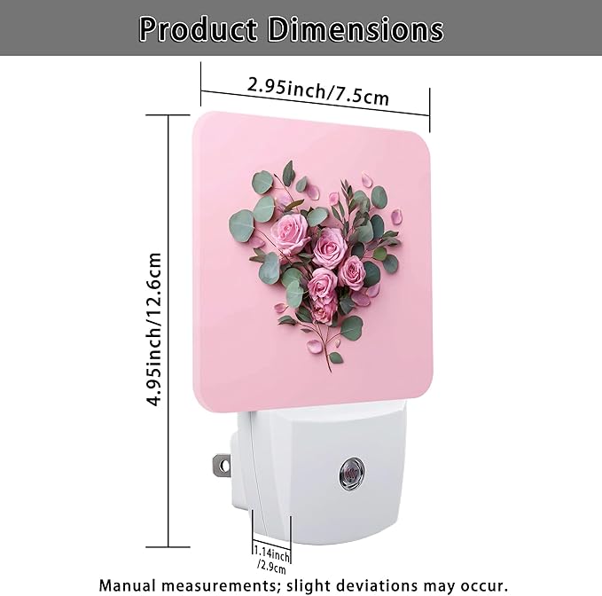 Roses Night Lights Plug Into Wall, Floral Romantic Eucalyptus Heart Shape Spring Peach Compact Plug in Outlet Night Light Led Lamp for Entryway Garage Stairs Decor 2pcs