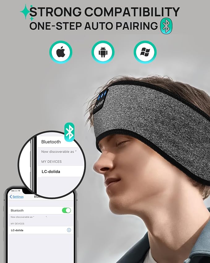 LC-dolida Sleep Headphones Headband Bluetooth 5.4, Sports Headband Earphones Wireless with Speaker Microphone USB C for Sleeping Gift Workout Jogging Yoga Insomnia Travel Meditation, Ash Grey