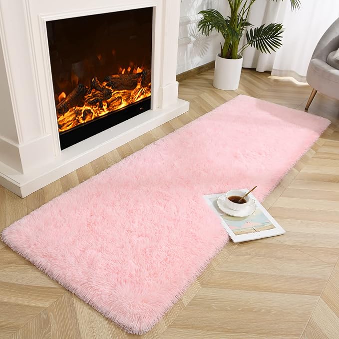 Jelymark Super Soft Shaggy Rug for Bedroom, 2x6 Feet Fluffy Carpet for Living Room, Fuzzy Indoor Plush Area Rug for Home Decor, Furry Floor Rugs for Dorm, Kids Nursery Rug for Girls, Pink