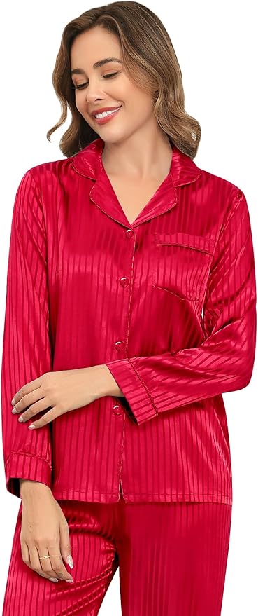 SWOMOG Womens Silk Satin Pajamas Set Long Sleeve Button Down Sleepwear 2 Piece Lounge Set Pj Set XS-3XL