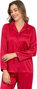 SWOMOG Womens Silk Satin Pajamas Set Long Sleeve Button Down Sleepwear 2 Piece Lounge Set Pj Set XS-3XL
