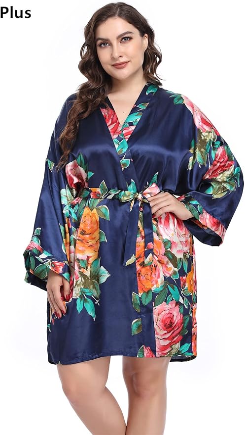 MissNina Women's Floral Satin Kimono Robes Short Silky Bridesmaid Robes Sleepwear