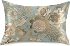 Vintage Peonies and Bird Satin Pillowcase for Hair and Skin, Blue and Gold Peonies Silk Pillow Case with Envelope Closure, Standard Size 20x26 inches, Sage Green, 1 PC