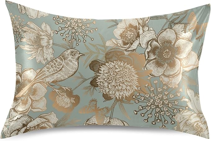 Vintage Peonies and Bird Satin Pillowcase for Hair and Skin, Blue and Gold Peonies Silk Pillow Case with Envelope Closure, Queen Size 20x30 inches, Sage Green, 1 PC