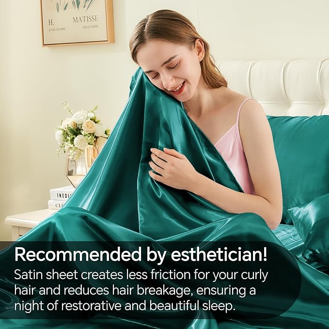 BEDELITE Satin Sheets Twin XL Size Bed Set, Luxury Soft Teal Silky Sheets for Hair and Skin, Similar to Silk Bed Sheets Set 3 Pieces （1 Deep Pocket Fitted Sheet, 1 Flat Sheet, and 1 Pillowcase）