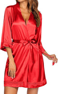 Ekouaer Women's Lace-Trim Silk Robes Bride Bridesmaid Kimono Satin Bathrobe V Neck Sleepwear with 3/4 Sleeve