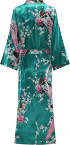 Women's Floral Long Satin Robes Plus Size Long Silk Robes Peacock Floral Kimonos Sleepwear Dressing Gown