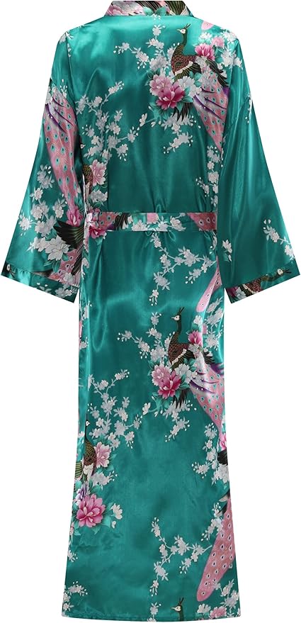 Women's Floral Long Satin Robes Plus Size Long Silk Robes Peacock Floral Kimonos Sleepwear Dressing Gown