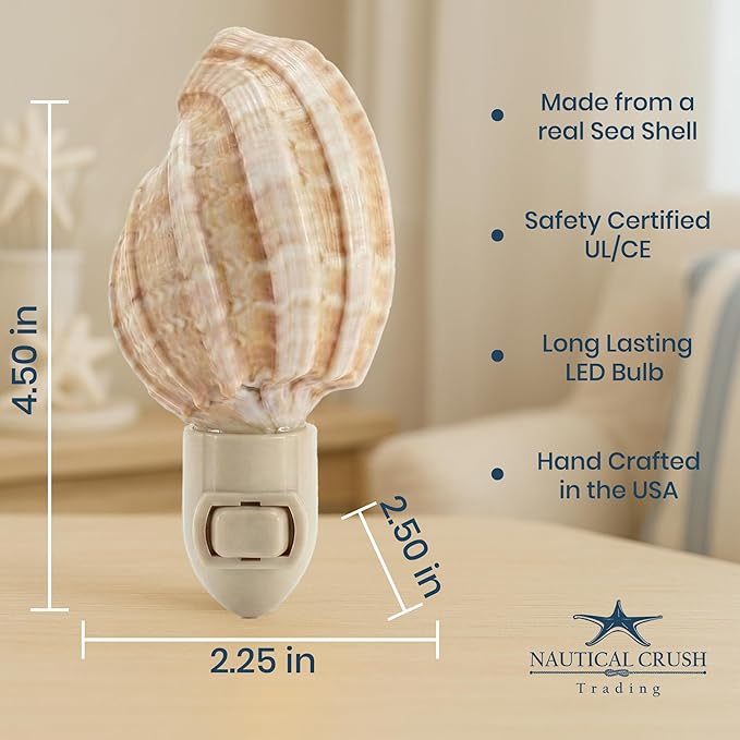 Nautical Crush Trading Seashell Night Light – Beach Night Light with Harpa Shell Light for Bathroom – Sea Shell Lamp – Seashell Lamp Plug Into Wall
