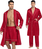 SWOMOG Men's Satin Robe 3 Pcs Silky Kimono Bathrobe Set Lightweight Soft Loungewear Nightwear