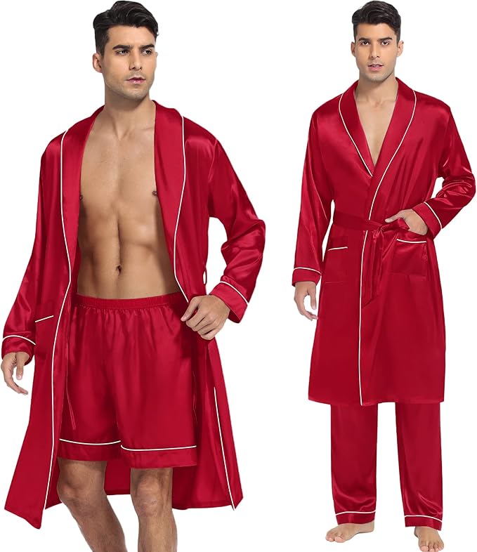 SWOMOG Men's Satin Robe 3 Pcs Silky Kimono Bathrobe Set Lightweight Soft Loungewear Nightwear