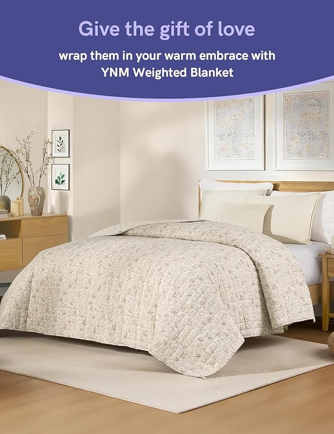 YnM 12lbs Weighted Blanket for Adults, Linen Heavy Bed Throw Blanket with Cooling Glass Beads for All Season Use, Ideal for ~110lbs (60x80 Inches, Queen, Botanical)