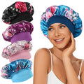 4Pcs Satin Bonnet Silk Bonnet, Hair Bonnet for Sleeping, Elastic Wide Band Sleep Cap, Soft and Breathable Silk Hair Wrap for Sleeping (Black Purple Pink Blue)