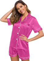 SWOMOG Womens Silk Satin Pajamas Set Short Sleeve Sleepwear Button Down Top and Shorts Loungewear 2 Piece Pjs Set XS-3XL