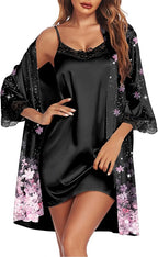 Ekouaer Sleepwear Women's Satin Nightgown with Robes Set 2 Piece Sexy Lace Cami Nightwear