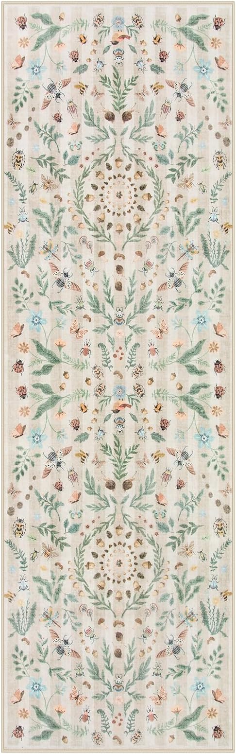 Lahome Chloe Insect Botanical 2'6"x8 Hallway Runner Rug,Kitchen Runner Rugs Non Skid Washable Bathroom Carpet Runners, Soft Non-Slip Indoor Rug Runners for Entryway Laundry Bedroom(Beige,2'6"x8)