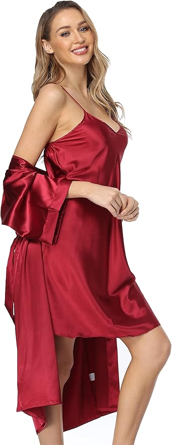 Women's Satin Robes Set with Nightgown Silk Kimono Pajamas 2 Piece Sleepwear Camisole Wedding Bride Gown Set