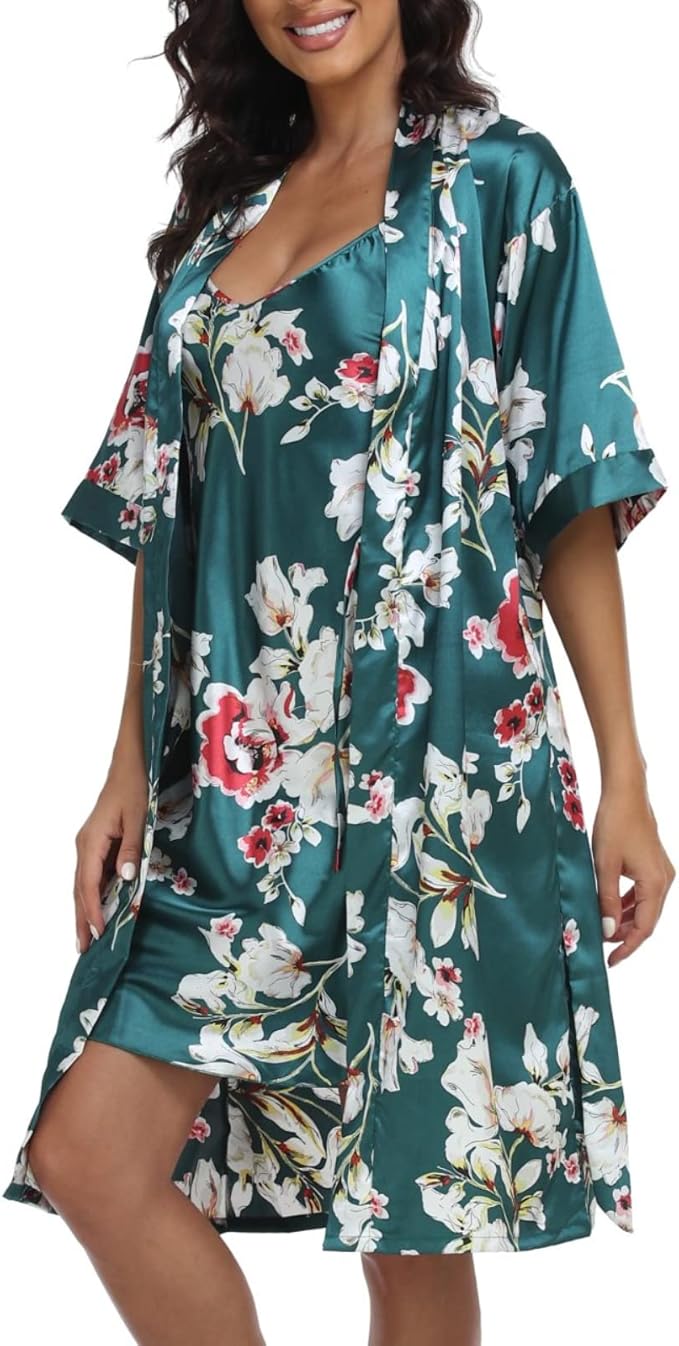 Women's Satin Robe Sets 2 Piece Nightgown Silk Pajama Sexy Floral Lingerie Lace Cami Sleepwear Night Robes