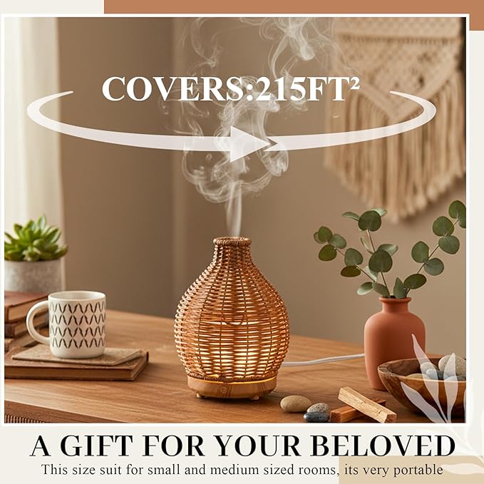 Copkim Essential Oil Diffuser Rattan Woven Boho Aroma Humidifier 80ml Ultrasonic Aromatherapy Diffuser with Timer and Waterless Auto-Off 2 Mist Modes Noiseless Warm Light for Home Office Bedroom