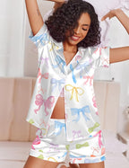 Ekouaer Womens Satin Silk Pajamas Set Short Sleeve Sleepwear Button Down Top and Shorts Loungewear 2 Piece Pjs Set S-XXL