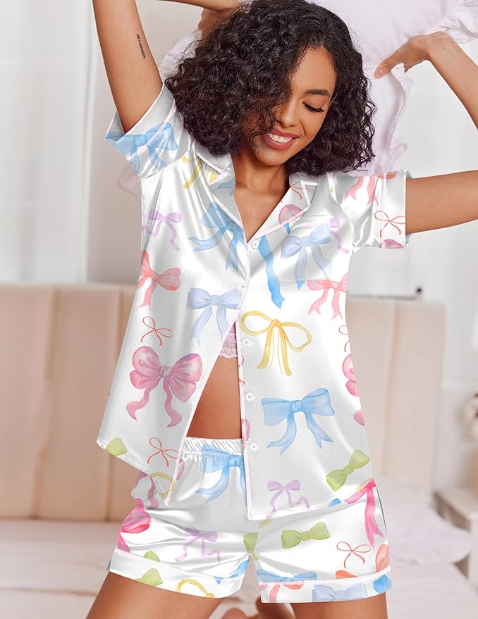 Ekouaer Womens Satin Silk Pajamas Set Short Sleeve Sleepwear Button Down Top and Shorts Loungewear 2 Piece Pjs Set S-XXL