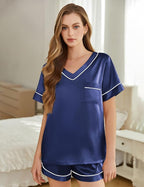 Silk Pajamas for Women Short Sleeve Satin 2 Piece Pj Set Soft V Neck Sleepwear Loungewear, S-XXL