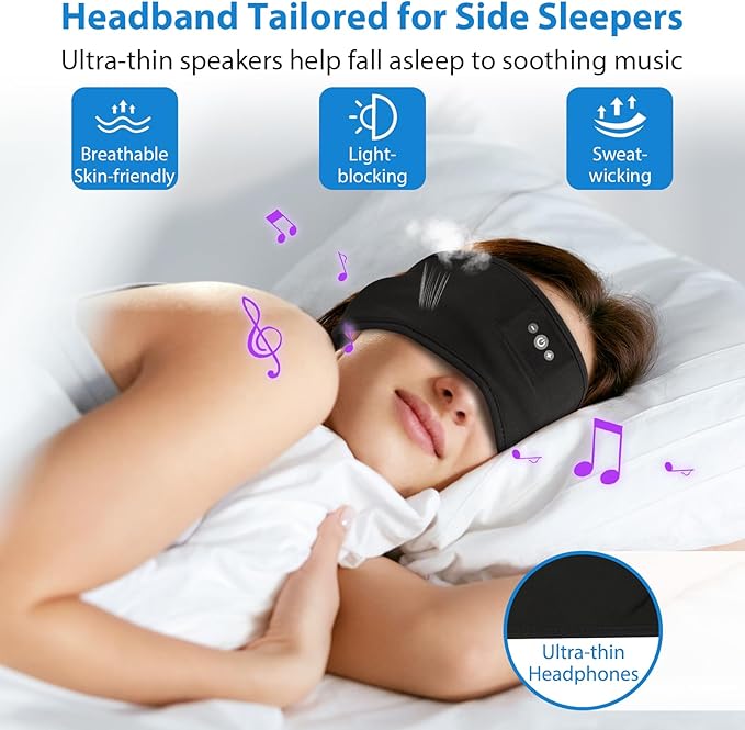 Adjustable Headband Headphones, Sleeping Headphones with Ultra-Thin Speakers, Wireless Headband for Side Sleepers, Yoga, Running, Workout, Travel-Purple