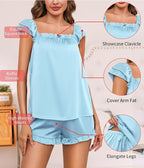 Satin Pajama Set for Women 2 Piece Silk Pjs Ruffle Sleeve Top and Shorts Cute Bridal Sleepwear Set S-XXL