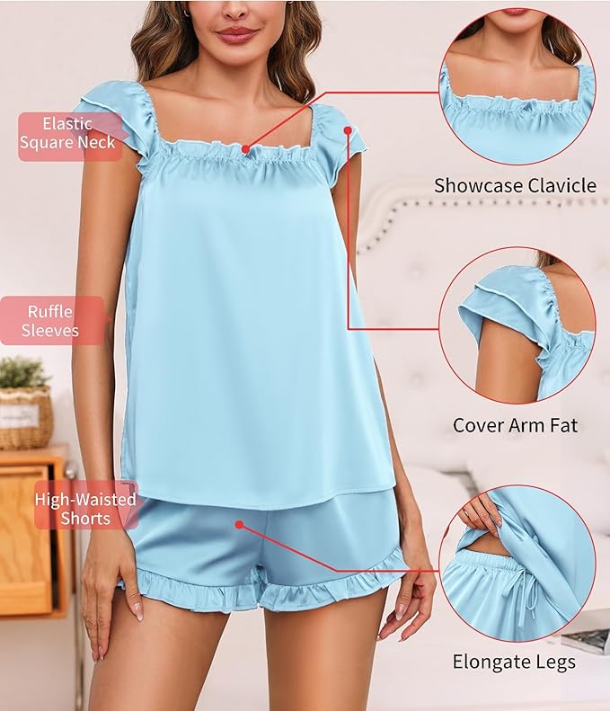 Satin Pajama Set for Women 2 Piece Silk Pjs Ruffle Sleeve Top and Shorts Cute Bridal Sleepwear Set S-XXL
