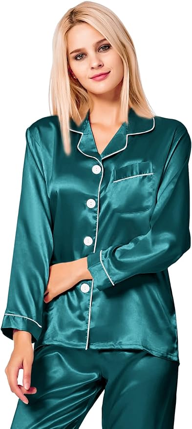 SWOMOG Womens Silk Satin Pajamas Set Long Sleeve Button Down Sleepwear 2 Piece Lounge Set Pj Set XS-3XL