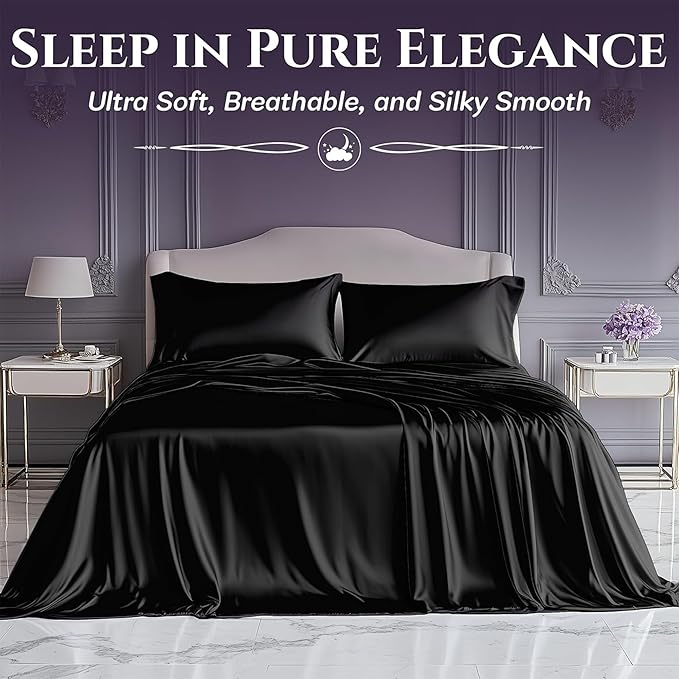 SLEEP SANCTUARY Satin Sheets Twin Size – 3 Piece Luxury Silky Bed Set, Softer Than Silk, 15" Deep Pocket, Cooling & Wrinkle-Free, Moisture-Wicking & Breathable for Hair & Skin (Black)